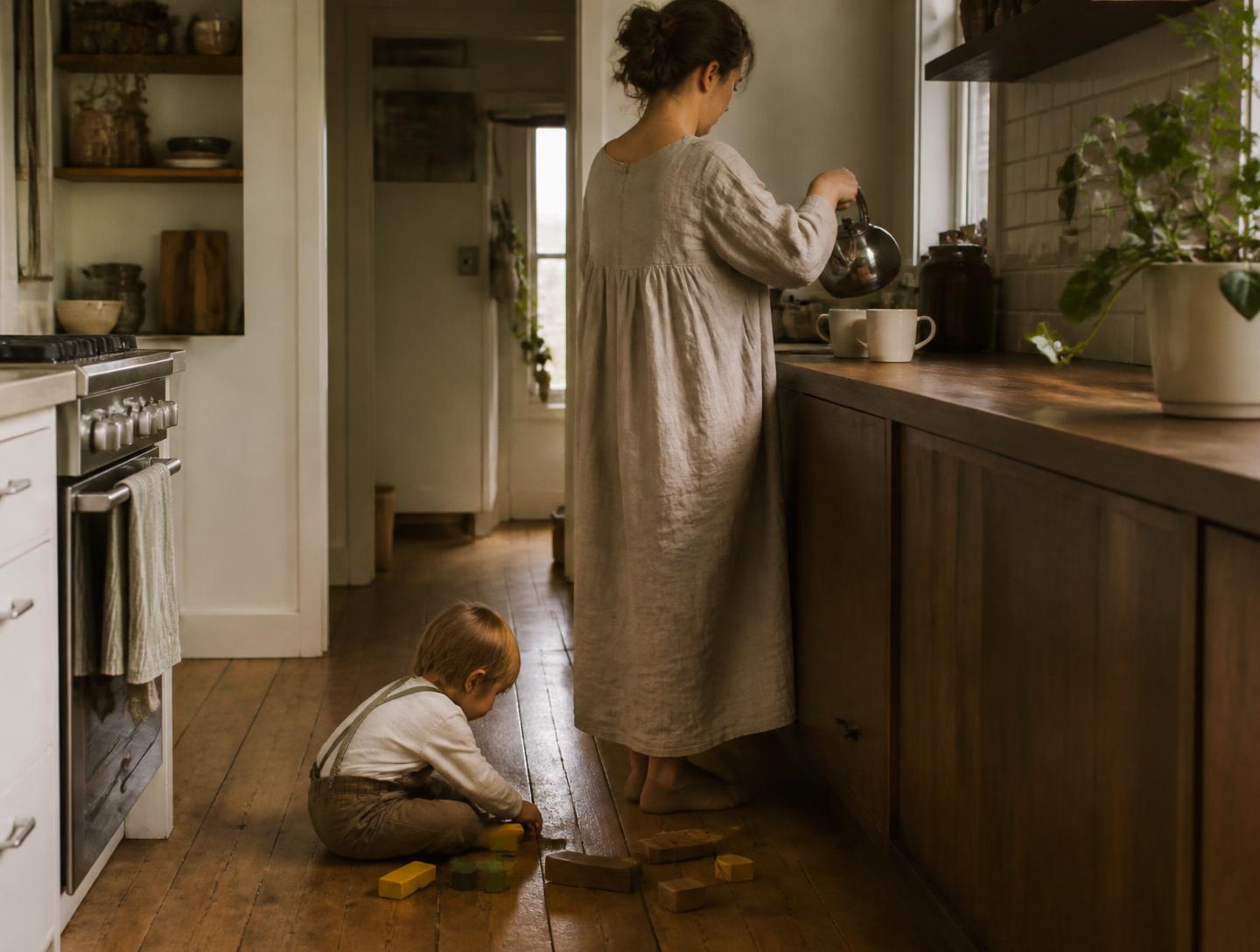 Making tea in a sunlit kitchen while a child plays on the floor