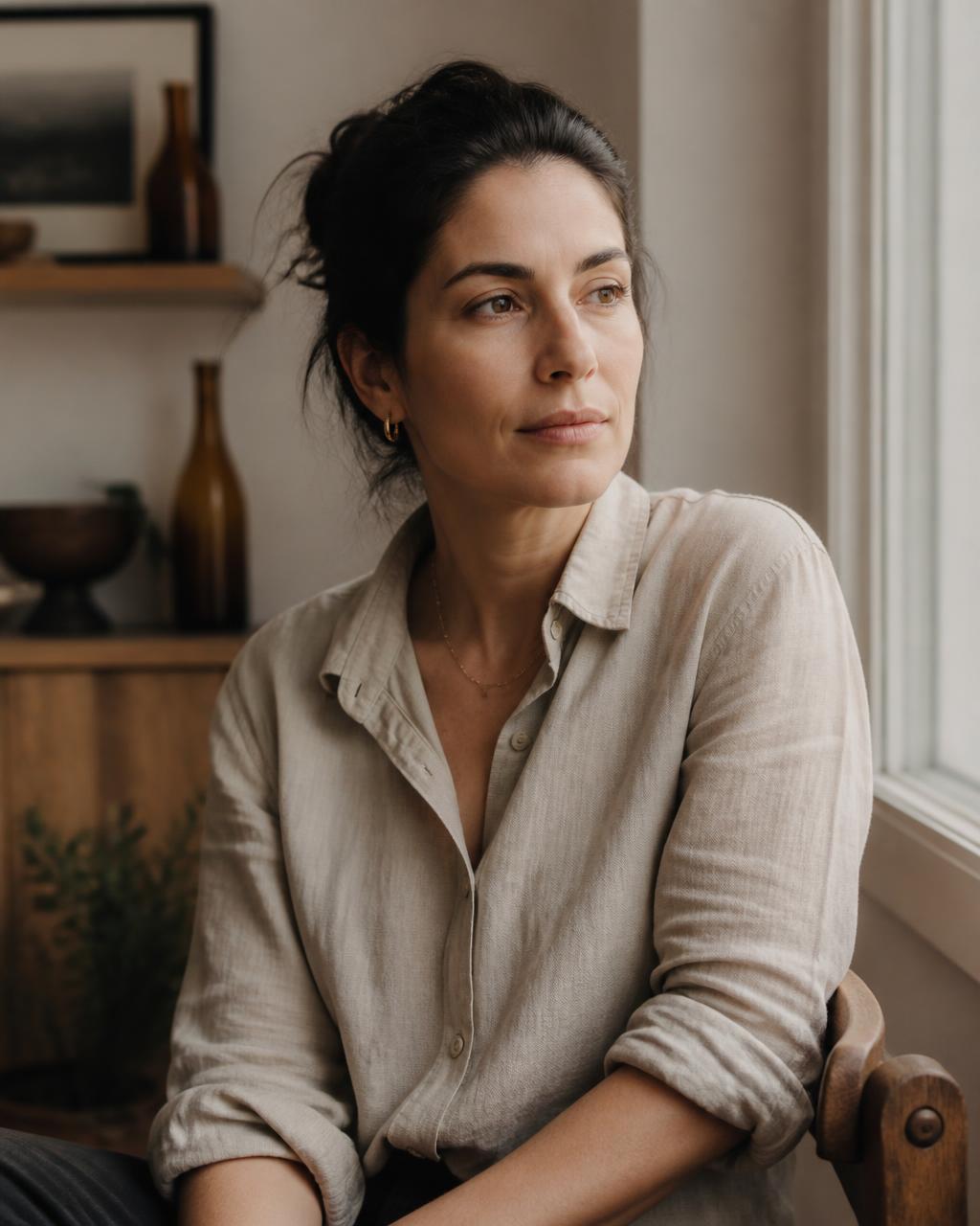 Portrait of the founder of The Soft Hours seated by a window